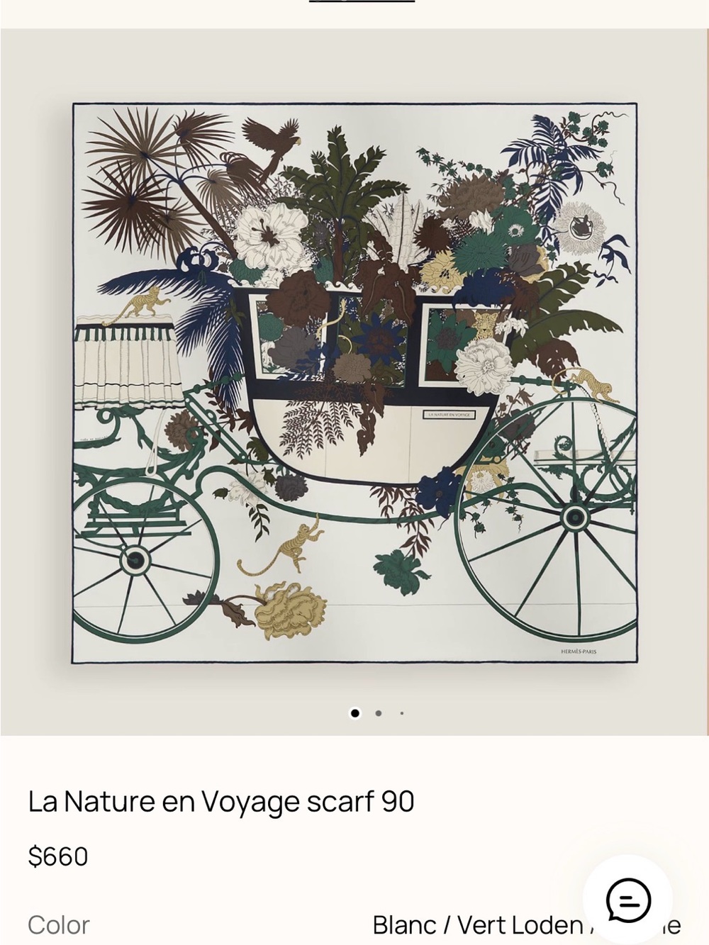 NWT - Hermes - La Nature en Voyage Scarf 90 - Blanc/Vert Loden